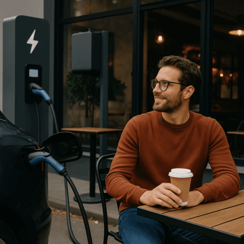גבר יושב בבית קפה עם כוס קפה ביד, מחייך בזמן שרכבו החשמלי נטען בעמדת טעינה בסמוך.